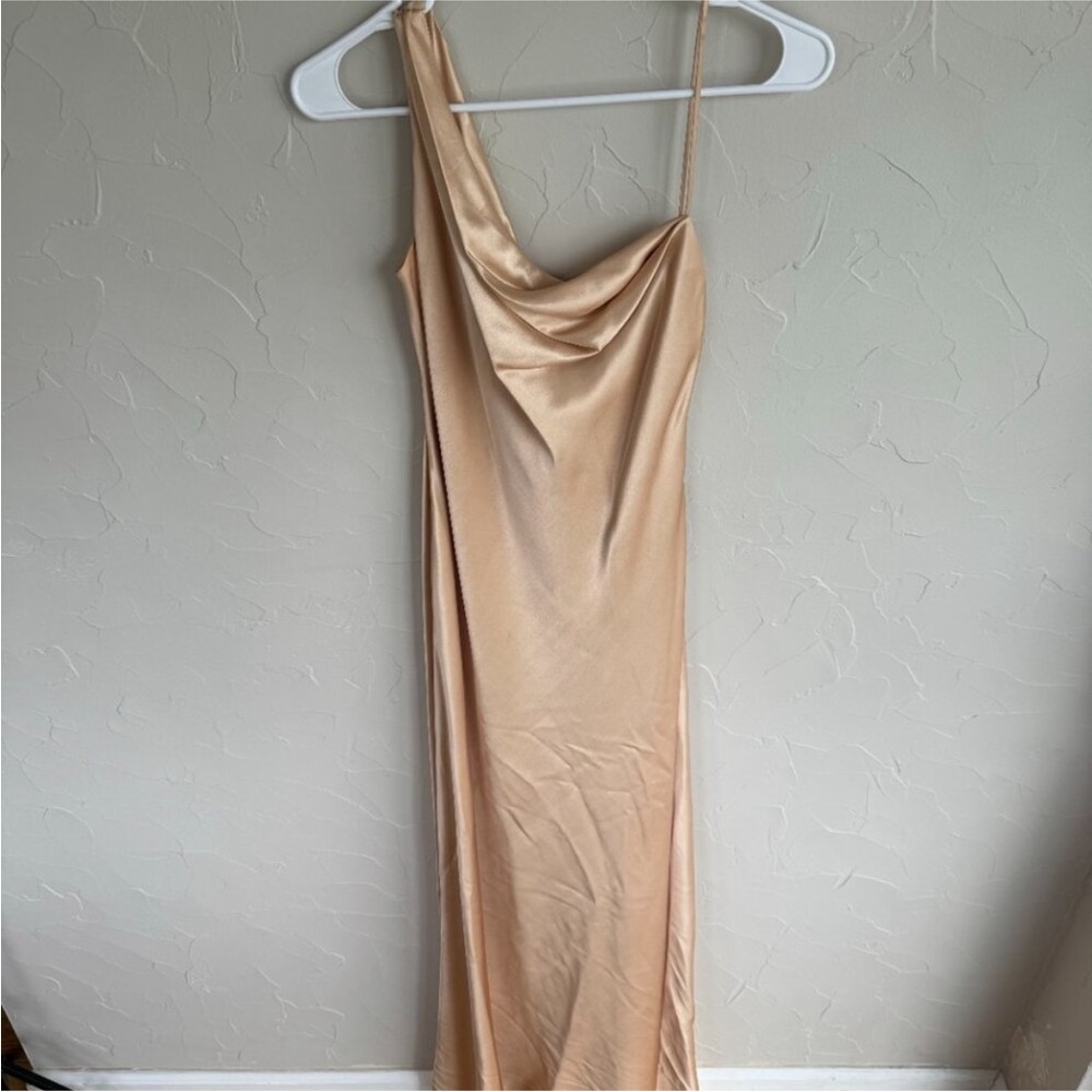 ABS Evening Collection by Allen Schwartz gold satin asymmetric draped gown 6